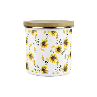 Purely Home Yellow Sunflowers Storage CanisterWhite Metal Enamel Kitchen Food Storage Container from B&Q