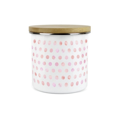 Purely Home Pink/White Polka Dots Spots Canister - Metal Enamel Kitchen Food Storage Container