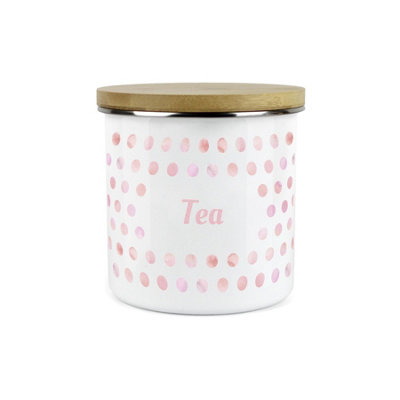 Purely Home Pink/White Polka Dots Spots Tea Canister - Metal Enamel Kitchen Food Storage Container