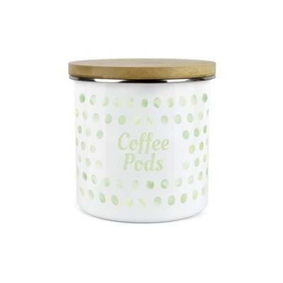 B&Q -  Green Polka Dots Spots Coffee Pods CanisterWhite Metal Enamel Kitchen Food Storage Container