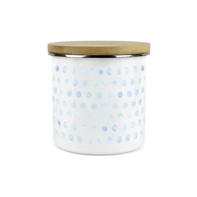 Purely Home White Aqua Polka Dots Spots Canister - Metal Enamel Kitchen Food Storage Container