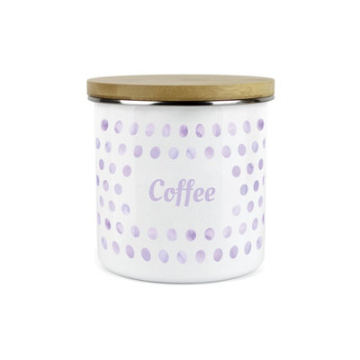 Purely Home Lilac/White Polka Dots Spots Coffee Canister - Metal Enamel Kitchen Food Storage Container
