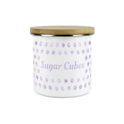 Purely Home Lilac/White Polka Dots Spots Sugar Cubes Canister - Metal Enamel Kitchen Food Storage Container