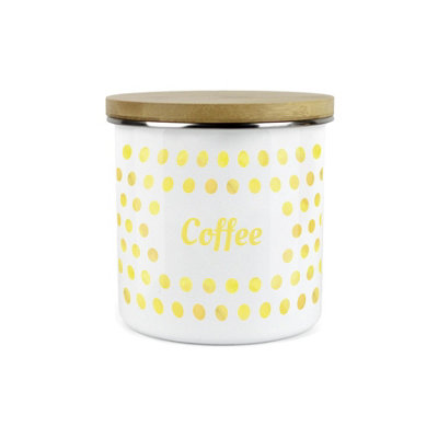 B&Q -  Yellow Polka Dots Spots Coffee CanisterWhite Metal Enamel Kitchen Food Storage Container