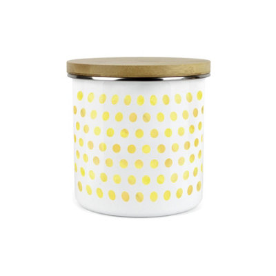 B&Q -  Yellow Polka Dots Spots CanisterWhite Metal Enamel Kitchen Food Storage Container