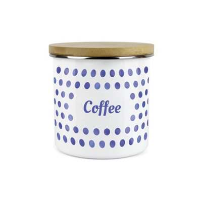B&Q -  Indigo Polka Dots Spots Coffee CanisterWhite Metal Enamel Kitchen Food Storage Container