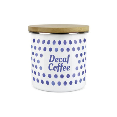 Purely Home Indigo Polka Dots Spots Decaf Coffee CanisterWhite Metal Enamel Kitchen Food Storage Container from B&Q