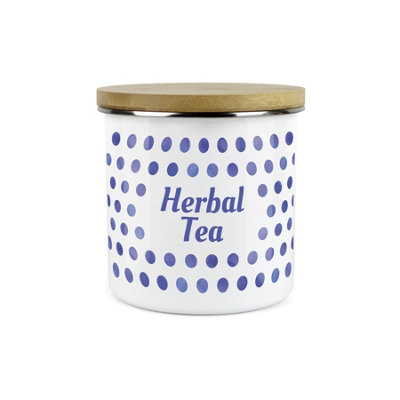 B&Q -  Indigo Polka Dots Spots Herbal Tea CanisterWhite Metal Enamel Kitchen Food Storage Container