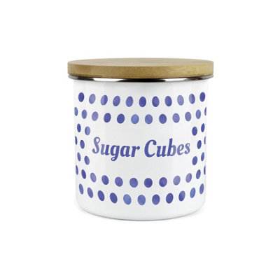 Purely Home Indigo Polka Dots Spots Sugar Cubes CanisterWhite Metal Enamel Kitchen Food Storage Container from B&Q
