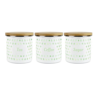 Purely Home Green Polka Dots Spots Set Of 3 Canisters Tea Coffee SugarWhite Metal Enamel Kitchen Food Storage Container from B&Q
