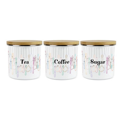 Purely Home Vintage Cutlery Tea Coffee Sugar Set Of 3 Storage CanistersWhite Metal Enamel Kitchen Food Storage Container Set from B&Q