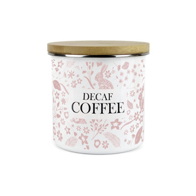 Purely Home Pink Wild Rabbits Decaf Coffee Storage CanisterWhite Metal Enamel Kitchen Food Storage Container from B&Q