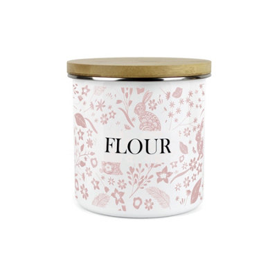 Purely Home Pink Wild Rabbits Flour Storage CanisterWhite Metal Enamel Kitchen Food Storage Container from B&Q