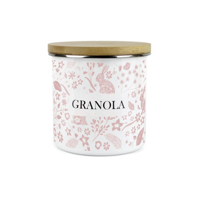 Purely Home Pink Wild Rabbits Granola Storage CanisterWhite Metal Enamel Kitchen Food Storage Container from B&Q