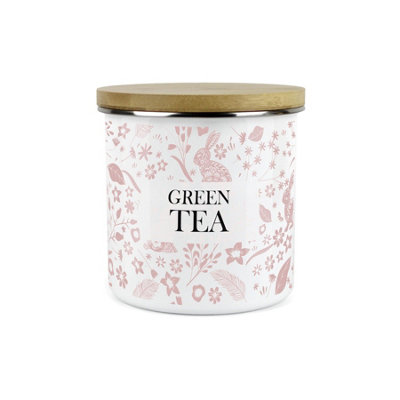 Purely Home Pink Wild Rabbits Green Tea Storage CanisterWhite Metal Enamel Kitchen Food Storage Container from B&Q