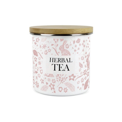 Purely Home Pink Wild Rabbits Herbal Tea Storage CanisterWhite Metal Enamel Kitchen Food Storage Container from B&Q