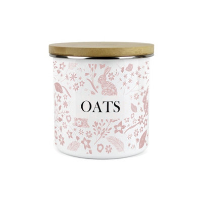 B&Q -  Pink Wild Rabbits Oats Storage CanisterWhite Metal Enamel Kitchen Food Storage Container