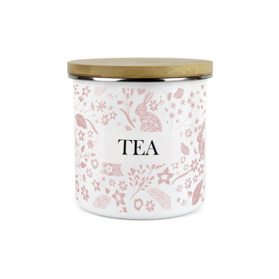 Purely Home Pink Wild Rabbits Tea Storage CanisterWhite Metal Enamel Kitchen Food Storage Container from B&Q