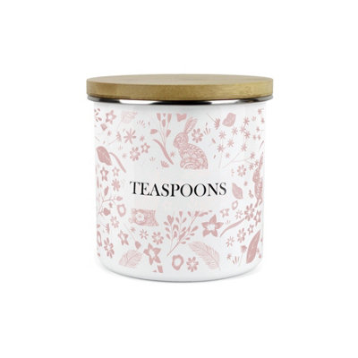 Purely Home Pink Wild Rabbits Teaspoons Storage CanisterWhite Metal Enamel Kitchen Food Storage Container from B&Q