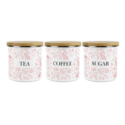 Purely Home Pink Wild Rabbits Tea Coffee Sugar Set Of 3 Storage CanistersWhite Metal Enamel Kitchen Food Storage Container from B&Q