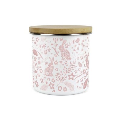 Purely Home Pink Wild Rabbits Blank Storage CanisterWhite Metal Enamel Kitchen Food Storage Container from B&Q