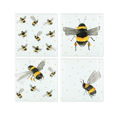 Purely Home Scattered Bees Glass Coaster SetSquare Painted Bumblebees & Dots By Rhiannon ChaunceySet Of Four (4) Coasters from B&Q