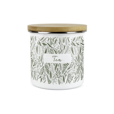 Purely Home Green Leaves Range Tea Storage CanisterWhite And Green Metal Enamel Food Storage Container from B&Q