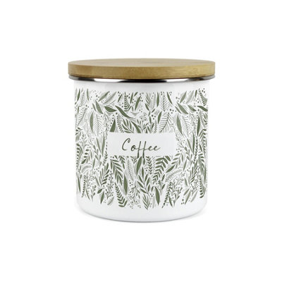 Purely Home Green Leaves Range Coffee Storage CanisterWhite And Green Metal Enamel Food Storage Container from B&Q
