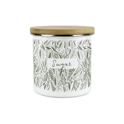 Purely Home Green Leaves Range Sugar Storage CanisterWhite And Green Metal Enamel Food Storage Container from B&Q
