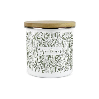 Purely Home Green Leaves Range Coffee Beans Storage CanisterWhite And Green Metal Enamel Food Storage Container from B&Q