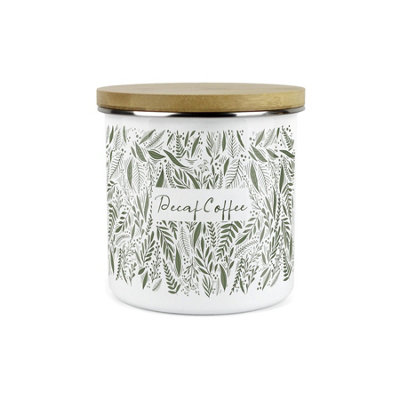 Purely Home Green Leaves Range Decaf Coffee Storage CanisterWhite And Green Metal Enamel Food Storage Container from B&Q