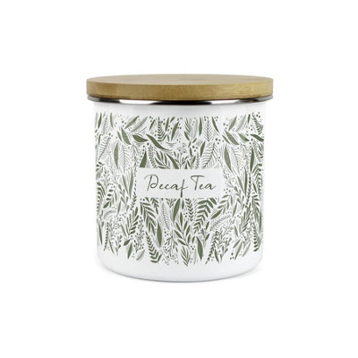 Purely Home Green Leaves Range Decaf Tea Storage CanisterWhite And Green Metal Enamel Food Storage Container from B&Q
