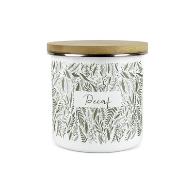 Purely Home Green Leaves Range Decaf Storage CanisterWhite And Green Metal Enamel Food Storage Container from B&Q