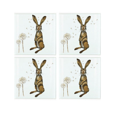 Purely Home Hares Glass Coaster SetSquare Painted Wildlife & Dandelions By Rhiannon ChaunceySet Of Four (4) Coasters from B&Q