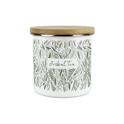 Purely Home Green Leaves Range Herbal Tea Storage CanisterWhite And Green Metal Enamel Food Storage Container from B&Q