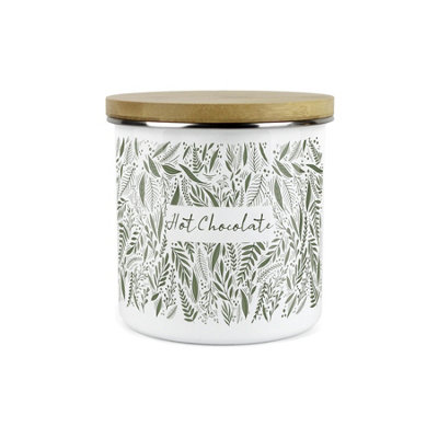 Purely Home Green Leaves Range Hot Chocolate Storage CanisterWhite And Green Metal Enamel Food Storage Container from B&Q