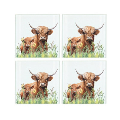 Purely Home Highland Cow Coaster SetSquare Glass Mum & Baby Calf Cow Animal DesignSet Of Four (4) Coasters from B&Q