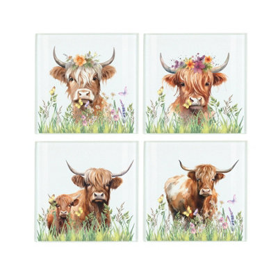 Purely Home Highland Cow Coaster SetSquare Glass Cow Animal Floral DesignSet Of Four (4) Coasters from B&Q