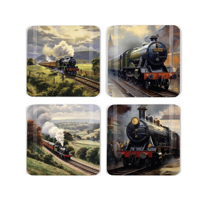 Purely Home Steam Trains Cork Coaster SetSquare Assorted Steam Train LocomotivesSet Of Four (4) Drinks Coasters from B&Q