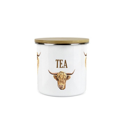 Purely Home White Highland Cow Tea Canister - Metal Enamel Kitchen Food Storage Container