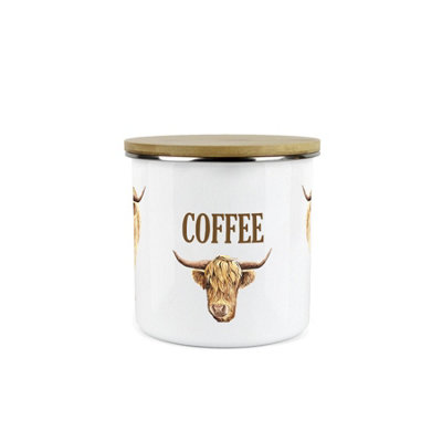 Purely Home Highland Cow Coffee CanisterWhite Metal Enamel Kitchen Food Storage Container from B&Q