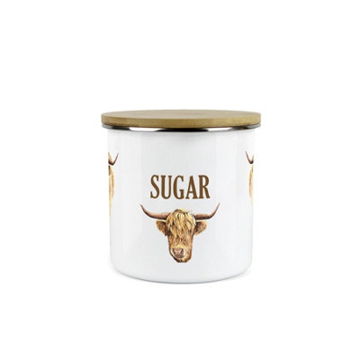 Purely Home Highland Cow Sugar CanisterWhite Metal Enamel Kitchen Food Storage Container from B&Q