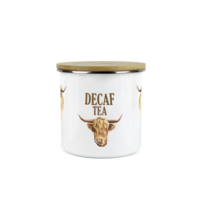 Purely Home Highland Cow Decaf Tea CanisterWhite Metal Enamel Kitchen Food Storage Container from B&Q