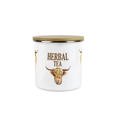 Purely Home Highland Cow Herbal Tea CanisterWhite Metal Enamel Kitchen Food Storage Container from B&Q
