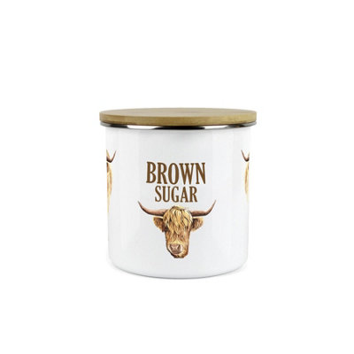 Purely Home Highland Cow Brown Sugar CanisterWhite Metal Enamel Kitchen Food Storage Container from B&Q
