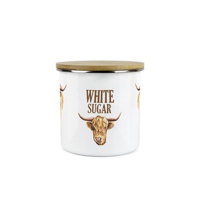 Purely Home Highland Cow White Sugar CanisterWhite Metal Enamel Kitchen Food Storage Container from B&Q