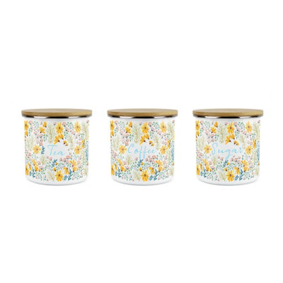 Purely Home Daisies Floral Storage Canister SetWhite Metal Tea Coffee Sugar Enamel Kitchen Food Storage Containers Set Of 3 from B&Q