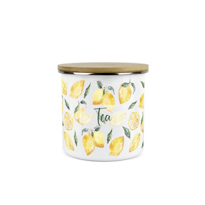 Purely Home White Lemons Tea Canister - Metal Enamel Sized Kitchen Food Storage Container Medium