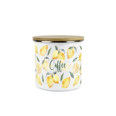 Purely Home White Lemons Coffee Canister - Metal Enamel Sized Kitchen Food Storage Container Medium