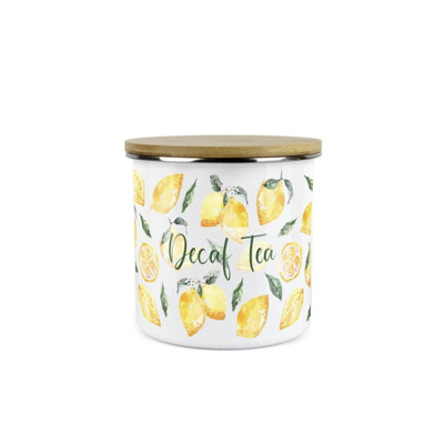 Purely Home Lemons Decaf Tea CanisterWhite Metal Enamel Medium Sized Kitchen Food Storage Container from B&Q